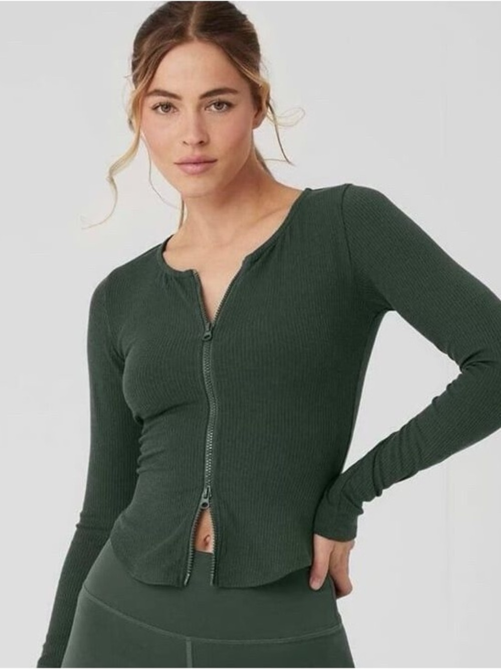 Ribbed Stardust Zip-Front Long Sleeve Top - Forest Green